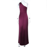 Women one-shoulder sexy slit satin dress dress
