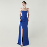 Women Strapless satin beaded chain fishtail evening dress