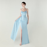 Women beaded chain fishtail slit evening dress