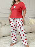 Plus Size Women Spring Summer Printed Short Sleeve T-shirt and Pants Pajama Set