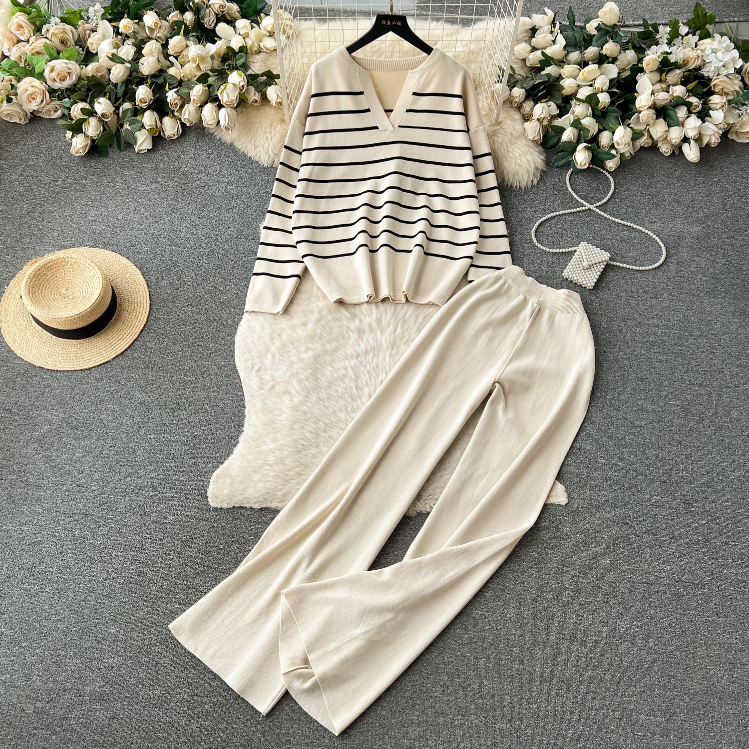 Women Casual V Neck Striped Knitting Top and Pants Two-piece Set