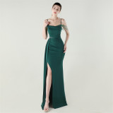 Women beaded chain fishtail slit evening dress