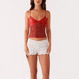 Women Summer Sleeveless Multi-Color Strapless Suspender See-Through Embroidered Beaded Lace Top