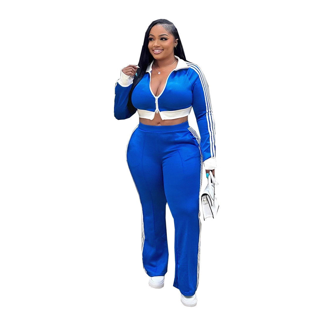 Women Casual contrast color zipper long-sleeved Crop Top and Pants two-piece set