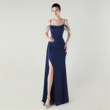 Women Strapless satin beaded chain fishtail evening dress