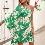 Women Slash Shoulder Bell Bottom Sleeve Print Dress
