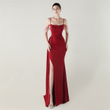 Women Strapless satin beaded chain fishtail evening dress