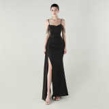 Women beaded chain fishtail slit evening dress