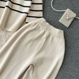 Women Casual V Neck Striped Knitting Top and Pants Two-piece Set