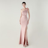 Women one-shoulder flower satin slit sexy evening dress