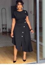 Women elegant Career Round Neck button decoration irregular slit pleated dress Women elegant Career Round Neck button decoration irregular slit pleated dress