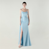 Women beaded chain fishtail slit evening dress
