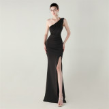 Women one-shoulder satin beaded sexy slit evening dress