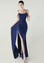 Women Strapless satin beaded chain fishtail evening dress