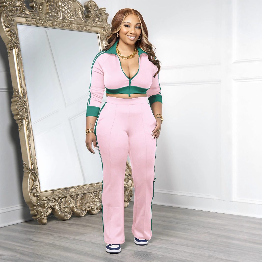 Women Casual contrast color zipper long-sleeved Crop Top and Pants two-piece set