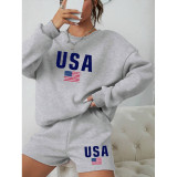 Women Round Neck Long Sleeve Top and Shorts Casual Two-piece Set
