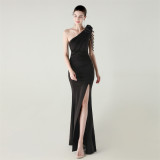 Women one-shoulder flower beaded satin sexy slit evening dress