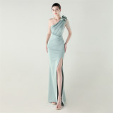Women one-shoulder flower beaded satin sexy slit evening dress