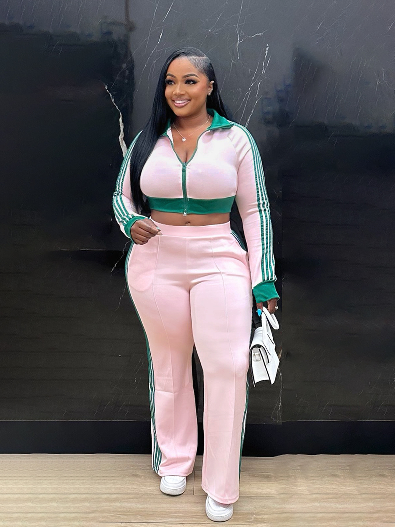 Women Casual contrast color zipper long-sleeved Crop Top and Pants two-piece set