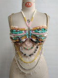 Women Hollow Backless Multi-Color Gem Body Chain Halter Neck Beaded Vest