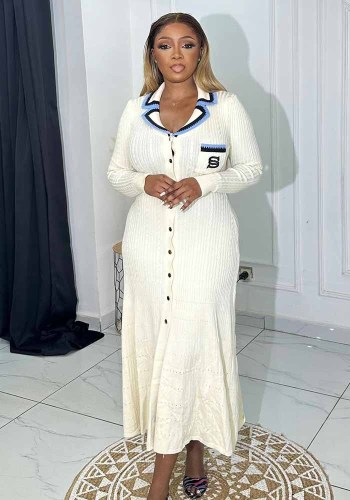 Women Knitting Autumn and Winter Contrast Embroidery Sweater Dress