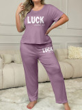 Plus Size Women Spring Summer Printed Short Sleeve T-shirt and Pants Pajama Set
