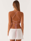Women Summer Sleeveless Multi-Color Strapless Suspender See-Through Embroidered Beaded Lace Top