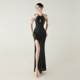 Women Halter Neck sequined beaded fishtail slit evening dress