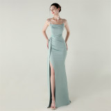 Women satin beaded chain fishtail slit evening dress
