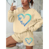 Women Round Neck Long Sleeve Top and Shorts Casual Two-piece Set