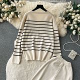 Women Casual V Neck Striped Knitting Top and Pants Two-piece Set