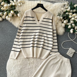 Women Casual V Neck Striped Knitting Top and Pants Two-piece Set