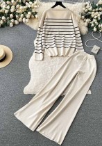 Women Casual V Neck Striped Knitting Top and Pants Two-piece Set Women Casual V Neck Striped Knitting Top and Pants Two-piece Set