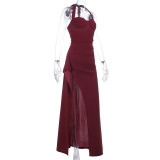 Women Halter Neck Lace-Up Plunging Slit Ruffle Strap Dress