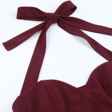 Women Halter Neck Lace-Up Plunging Slit Ruffle Strap Dress