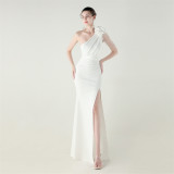 Women one-shoulder flower beaded satin sexy slit evening dress