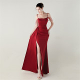 Women Strapless satin beaded chain fishtail evening dress