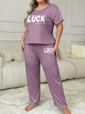 Plus Size Women Spring Summer Printed Short Sleeve T-shirt and Pants Pajama Set