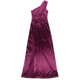 Women one-shoulder sexy slit satin dress dress