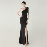 Women one-shoulder flower beaded satin sexy slit evening dress