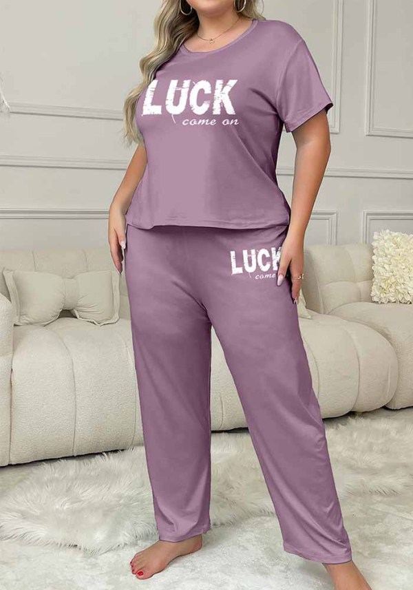 Plus Size Women Spring Summer Printed Short Sleeve T-shirt and Pants Pajama Set