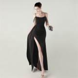 Women Strapless satin beaded chain fishtail evening dress