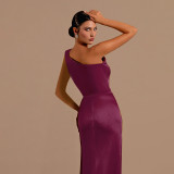 Women one-shoulder sexy slit satin dress dress