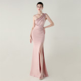Women one-shoulder satin beaded sexy slit evening dress