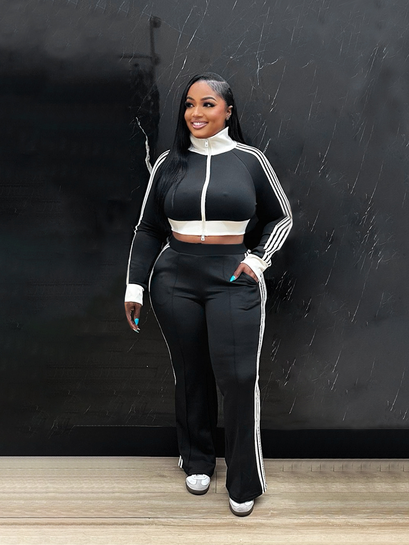 Women Casual contrast color zipper long-sleeved Crop Top and Pants two-piece set