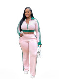 Women Casual contrast color zipper long-sleeved Crop Top and Pants two-piece set