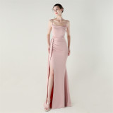 Women beaded chain fishtail slit evening dress