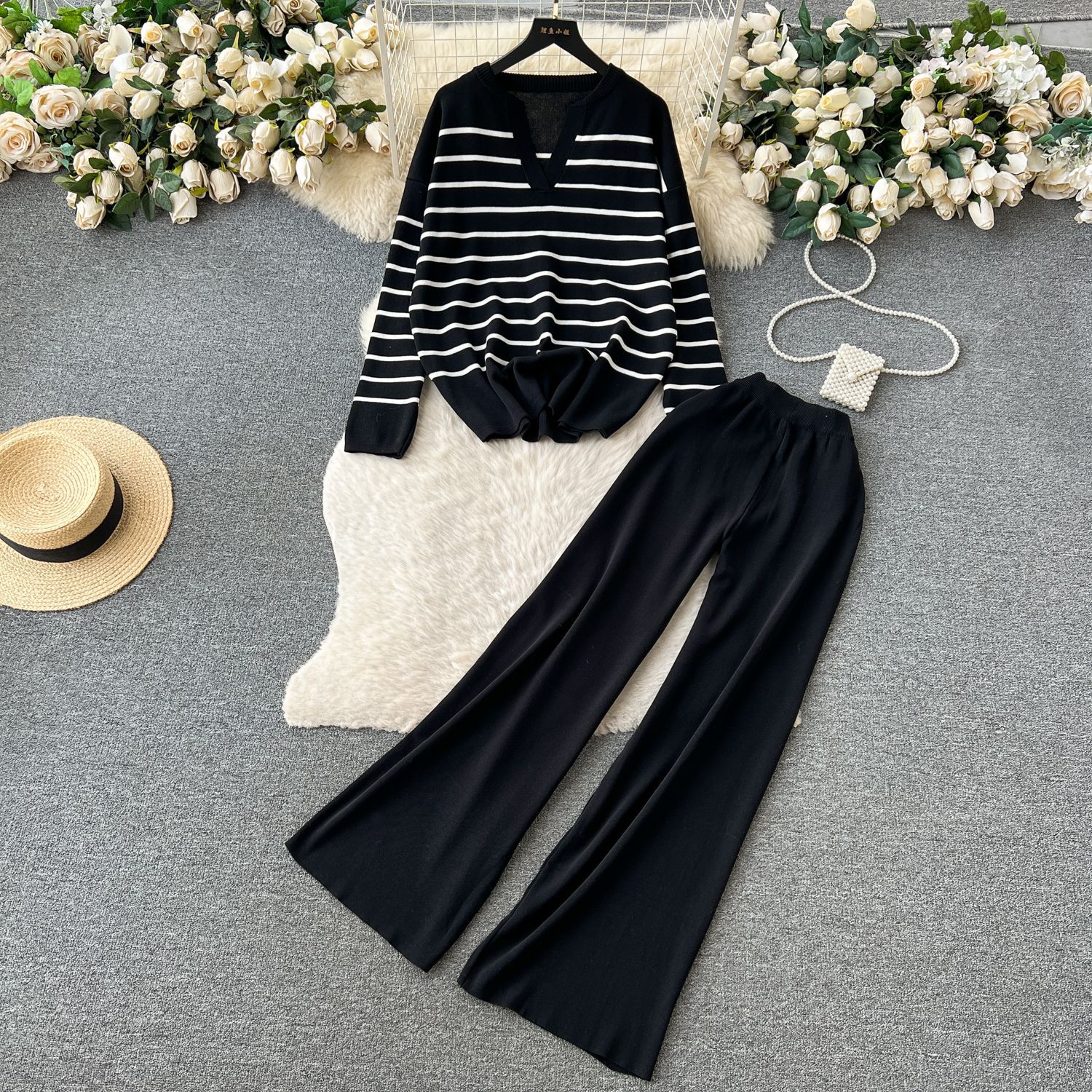 Women Casual V Neck Striped Knitting Top and Pants Two-piece Set