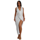 Women V Neck beaded Halter Neck sexy slit Solid pleated dress