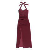 Women Halter Neck Lace-Up Plunging Slit Ruffle Strap Dress
